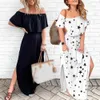 Party Long Dress Kvinnor Sommar Off Shoulder Kortärmad Stjärnor Skriv ut Ruffled Hem Y1006