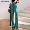 Bornladies High Waist Wide Leg Pant Solid Oversized Silk Satin Vintage Grön Kvinna Casual Straight Loose Trousers 211124