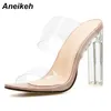 Aneikeh 2020 Summernew PVC Jöle Sandalet Kristal Açık TOED Seksi Ince Topuklu Kristal Kadınlar Şeffaf Topuk Sandalet Terlik Pompaları J2023