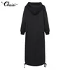 Celmia Winter Women Fleece Hoodies 긴 드레스 2021 긴 소매 겨울 캐주얼 스웨터 드레스 드레스 느슨한 포켓 Midi Vestidos Robe X0521