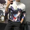 Automne Jeu Anime Imprimer Hommes T-shirt Demi-Col Roulé Streetwear Casual Tees Hip-Hop Manches Longues Slim Fit Vêtements 3XL 210527