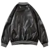 Men's Bomber Jacket Spring PU Leather Fabric Digital Letters Printed High Street Windbreaker Single Breasted Coat Clothing 210819