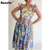 Runway Women Summer Dress Bow Spaghetti Strap Backless Blue and White Porcelain Floral Print Mini Dress Vestido Mujer Verano X0521