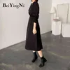Beiyingni Süet MIDI Elbiseleri Kadınlar Için Katı Renk Sashes Siyah Uzun Kollu Kore Tarzı A-Line Elbise Kadınlar Vintage Vestidos Y1204