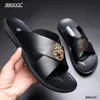 Flip-flops New for Style Men Cowhide Casual Slippers Brand Designer Leather Beach Shoes Women's Plus Size 46, 47, 48 San 7424