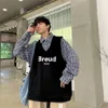 Falso de duas peças camiseta homens Hong Kong estilo primavera outono solto xadrez jaqueta korean hip hop estudante roupa legal streetwear 210721