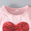 Valentine's Day Spring and Autumn Kids Girls Clothing Set Flare Sleeve Top + Pants Two-piece Love Heart Pattern outfit M3991