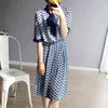 Primavera llegada estilo coreano vestido de gasa mujeres Slim media manga estampado es Bow Collar Vintage gratis 210527