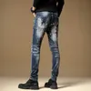Fashion Streetwear Men Jeans High Quality Retro Blue Wash Painted Designer Slim Fit Denim Trousers Spliced Hip Hop Biker Pants