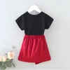 Sommar mode tjejer outfits älskar broderi kortärmad tröjorKirt 2 stycken söta koreanska toddler barn kläder set 210715