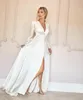 Prosta Długa Suknia Ślubna Linia Dla Panny Młodej Pełna Rękaw V Neck Suknie Ślubne Sexy Split Front Vestidos De Novia Długie Boho Beach Dresses 2022