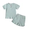 Solide Baumwolle Kinder Pyjamas Sets Unisex Jungen Kleidung Pyjama Hosen Homewear Mädchen Tops + Shorts Sommer Kurzarm 211130