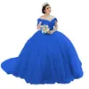 2022 bebê azul vestido de baile longo vestido de bola floral 3d flores applique fora do ombro formal noite quinceanera vestido tule