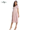 Damen Kurzarm Knielanges gestreiftes Umstandskleid Lässige Schwangerschaftskleidung Lose Sommer Schwangeres Kleid Premama Babyparty Q0713