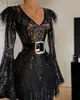 Sparkly Black Feather Mermaid Prom Dresses Bell Long Sleeve 2021 Appliqued Sequined Lace Formal Evening Gown Deep V-Neck Women Party Wear