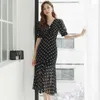 Black polka-dot dress for women Summer hubble bubble sleeve V neck backless Ladies Office Long Dresses 210602