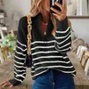 Autumn Winter Women Casual Long Sleeve Striped Patchwork Jumpers Ladies Loose Knitted Sweaters Fashion Zip V-Neck Tops Pullover 211109