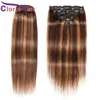 Highlight Honey Blonde Clip In Extensions Panio Color 4/27 Straight Human Hair Brazilian Virgin Clip On Ombre Weaves 8pcs 120g/set For Black Women