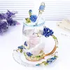Kupalar yaratıcı mavi gül emaye kristal çay bardağı kahve kupa kelebek boyalı çiçek su bardağı kaşık seti ile berrak cam