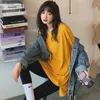 Kobiety T-shirt Szczelina Z Długim Rękawem Podstawowa koszulka Solidna Oversized Luźna O-Neck Harajuku Kobieta Topy Spring Atumn