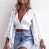 Fashion Sexy Deep V-Neck Latern Sleeve Blouses Long Crop Tops Summer Top