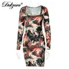 Dulzura Oil Painting Vintage Women Mini DrLong Sleeve Bodycon Bandage Sexy Streetwear Party Clubwear Elegant 2021 summer X0529