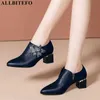 ALLBITEFO large size:33-42 genuine leather thick heels office ladies shoes flowers brand high heels women shoes women heels 210611