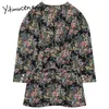 Yitimuceng Print Mini Jurken Dames Jurk Spring Applicaties V-hals Hoge Taille Lange Mouw A-Lijn Pullover Office Lady 210601