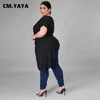 CM.YAYA Femmes T-shirts Plus La Taille L-5XL Solide Col Oblique À Manches Courtes Asymétrique Long T-shirts Femme Casual Street Top Tee 211116