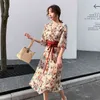 Elegant Printed Belt Dress Women Chiffon Long Beach Loose Half Sleeve V-neck A-line Sexy Party Vestidos de fiesta 210601