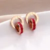 Charm Japan and South Korea new titanium steel non fading double ring Roman numeral red diamond white diamond studded Earrings female Earrings
