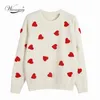 Vårbroderi hjärta Kvinnor Tröja O-Neck Kawaii Fashion Pullover Loose Jumper Långärmad Knitwear Kvinna C-257 210805