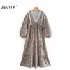 Zevity Kobiety Vintage V Neck Koronki Patchwork Flower Print Casual Luźna Sukienka Kobiet Latarnia Rękaw Chic Sąd Retro Vestido DS4608 210603