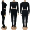 HAOYUAN Casual Deux Pièces Ensemble Combinaison À Manches Longues Crop Top + Pantalon Empilé Survêtement Automne Vêtements pour Femmes Tenues Ensembles Assortis 201007