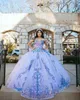 Lavendelfarbenes Ballkleid mit Pailletten und Spitze, Quinceanera-Kleider, schulterfrei, mit Applikationen, Ballkleider, Sweep-Zug, Tüll, Sweet-15-Kleid