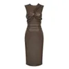 New Sexy Women Milan Runway Dresses Sleeveless Crew Neck Bodycon Slim Midi Long PU Leather high qualily Dresses Female Elegant Evn2945