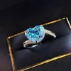 Coeur coupe Lab aigue-marine cz bague 925 en argent sterling fiançailles bande de mariage anneaux pour femmes hommes bijoux de fête