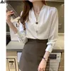 Satin Slik Elegante Bluse Hemd Frauen Koreanische Mode Kleidung Langarm Weibliche Blusen Weiß Grün Arbeit Tops Chic Blusas Mujer 210225