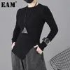 [Eam] 여성 블랙 비대칭 헴 기질 티셔츠 새로운 라운드 넥 긴 소매 패션 조류 봄 가을 2021 1H31201 210306