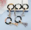 Black Frosted Wooden Bead Bracelet Keychain Fashion Pattern Tassel Pendant Bracelets Women Girl Key ring Wrist Strap 7 Colors DD255