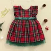 Lioritiin 0-6y Natal meninas princesa vestido xadrez impresso ruffles sleeveless lace back bowknot vestido de linha g1026