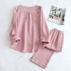 Japanese Simple Spring And Autumn Ladies Pajamas Two-piece Long-sleeved Trousers 100% Cotton Crepe Round Neck Home Service Set 211211