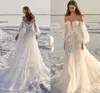 Vestido de casamento de renda 2021 off ombro praia simples manga longa feita por chão comprimento branco tule vestidos de noiva varrer trem