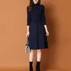 Chic Long Knit patchwork Women dot printed Sweater Dress Thick Warm Winter Dress Female Rib Turtleneck A Line Dress Office Lady