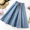 Kjolar Korsett Jean Skirt Kvinnors Denim Pleated Elastic High Waist Bandage Party 2021 Midi Summer Casual Saias Femininas