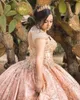 2022 Glittery Champagne Tulle Quinceanera Dresses Cap Short Sleeves Gold Applique Beading Crystal Prom Ball Gown Sweet 16 Dress