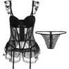 Bustiers Corsets Sinoonの女性のBustier Sexy Lace Corset Mesh透明な睡眠時の黒いボディコンジャンプスーツG String Tong Lingerie