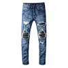 Luxury Solid Classic Mens Jeans Arrival Designer Fashion Stitching Leather Biker rippade jeans nödställda byxor Zebra Stripes Top Q279i