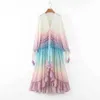 Sommar Kvinnors Klänning Bohemian Utskrift Gradient Elegant Maxi Patchwork Rainbow Color Beach Dress Ruffles Sweet Vestidos 210712