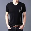 패션 브랜드 티셔츠 남성 V 목 패턴 여름 탑스 스트리트 스타일 동향 코튼 반소매 Tshirts 남자 의류 210716